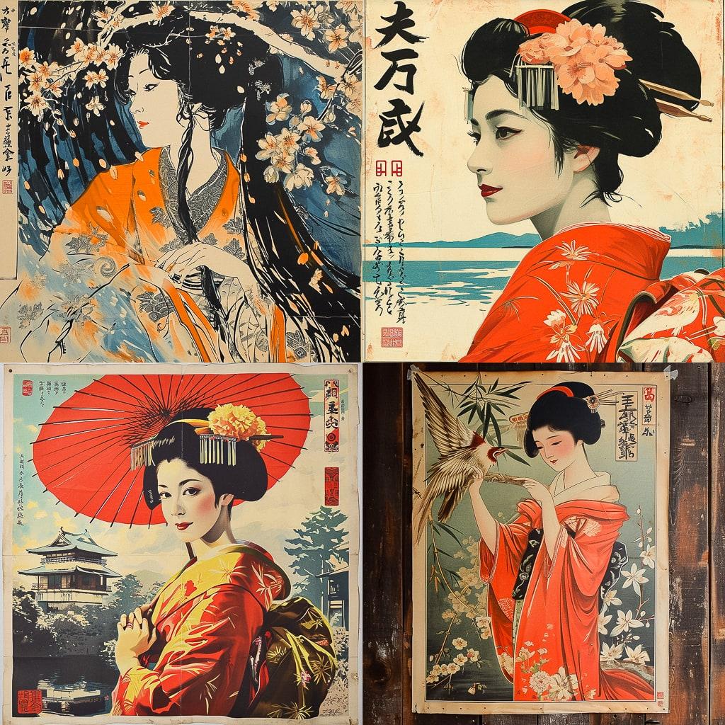 Japanese vintage poster style, Midjourney V6, render 1 of 4