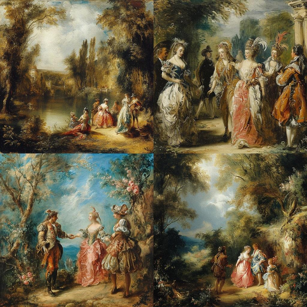 Jean-Antoine Watteau style, Midjourney V6, render 1 of 4