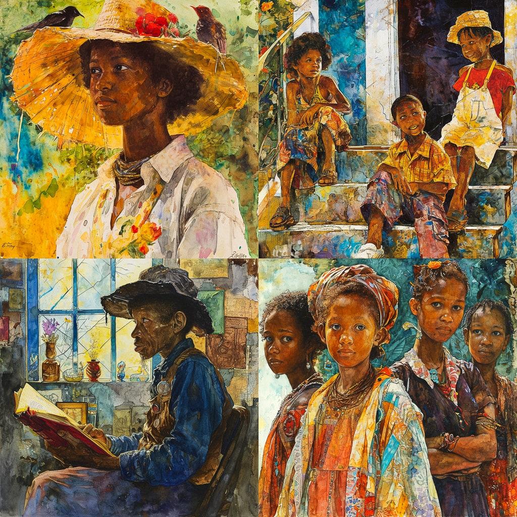Jerry Pinkney style, Midjourney V6, render 1 of 4