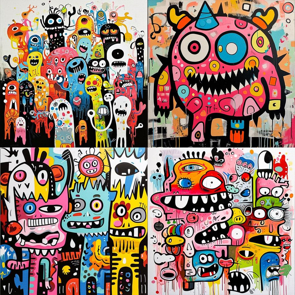 Jon Burgerman style, Midjourney V6, render 1 of 4