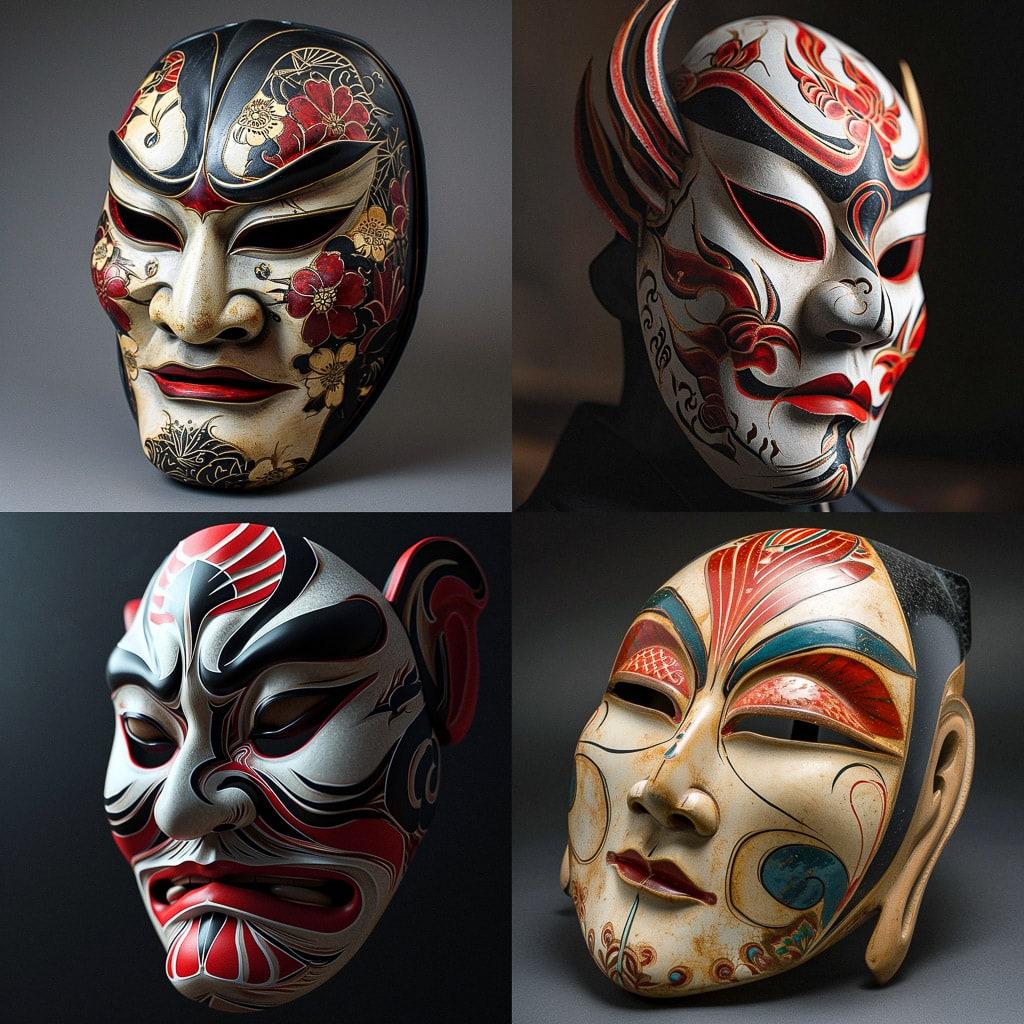 Kabuki mask style, Midjourney V6, render 1 of 4