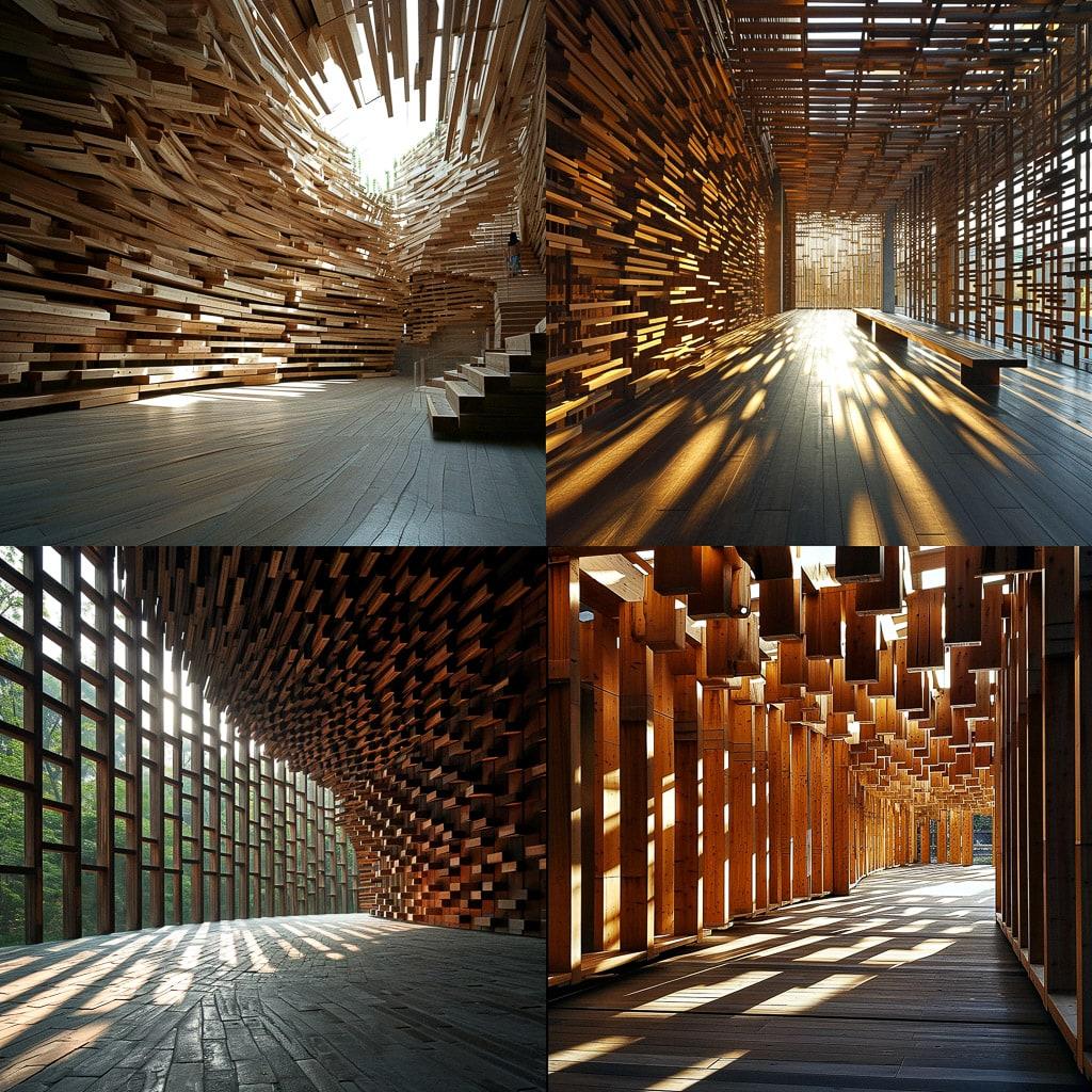Kengo Kuma style, Midjourney V6, render 1 of 4