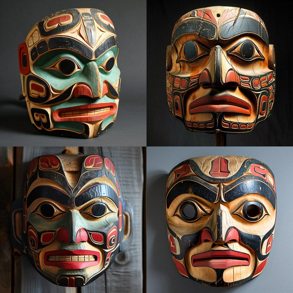 Kwakiutl mask style, Midjourney V6, render 1 of 4