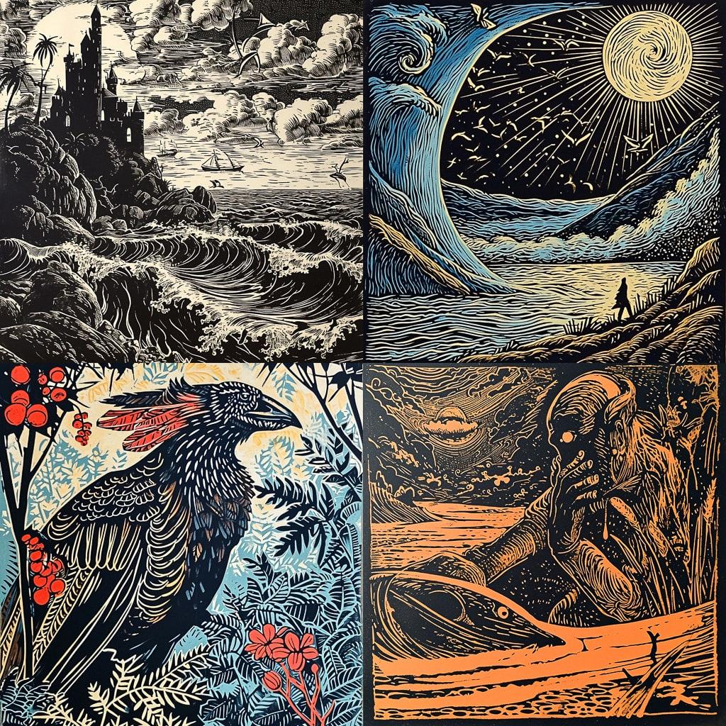 Linocut print style, Midjourney V6, render 1 of 4