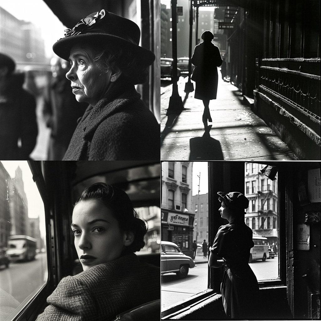Lisette Model style, Midjourney V6, render 1 of 4