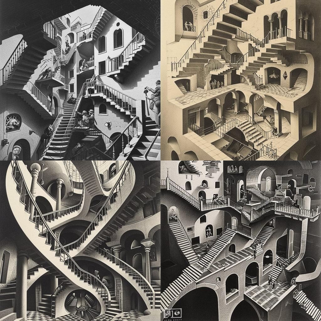 M. C. Escher style, Midjourney V6, render 1 of 4