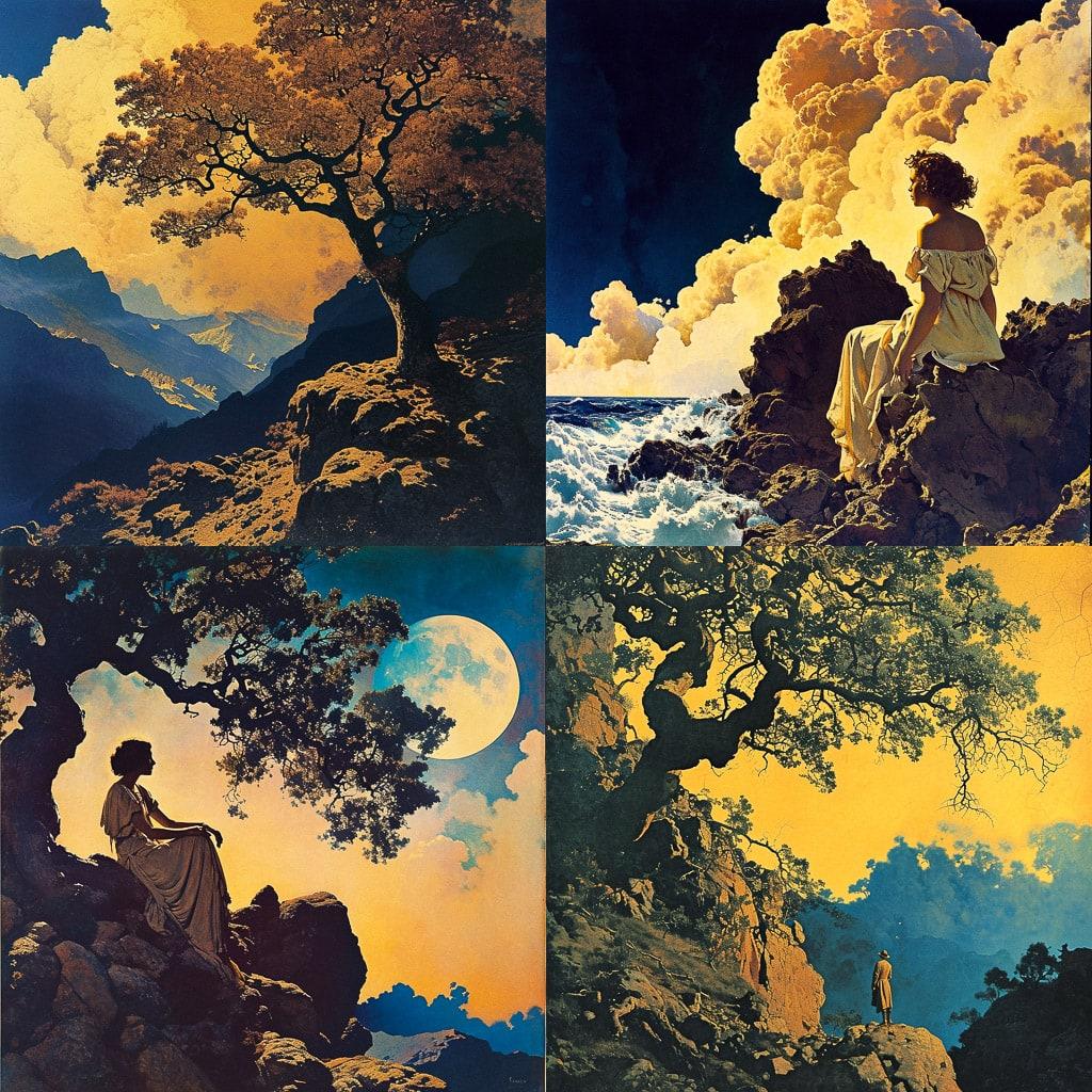 Maxfield Parrish style, Midjourney V6, render 1 of 4