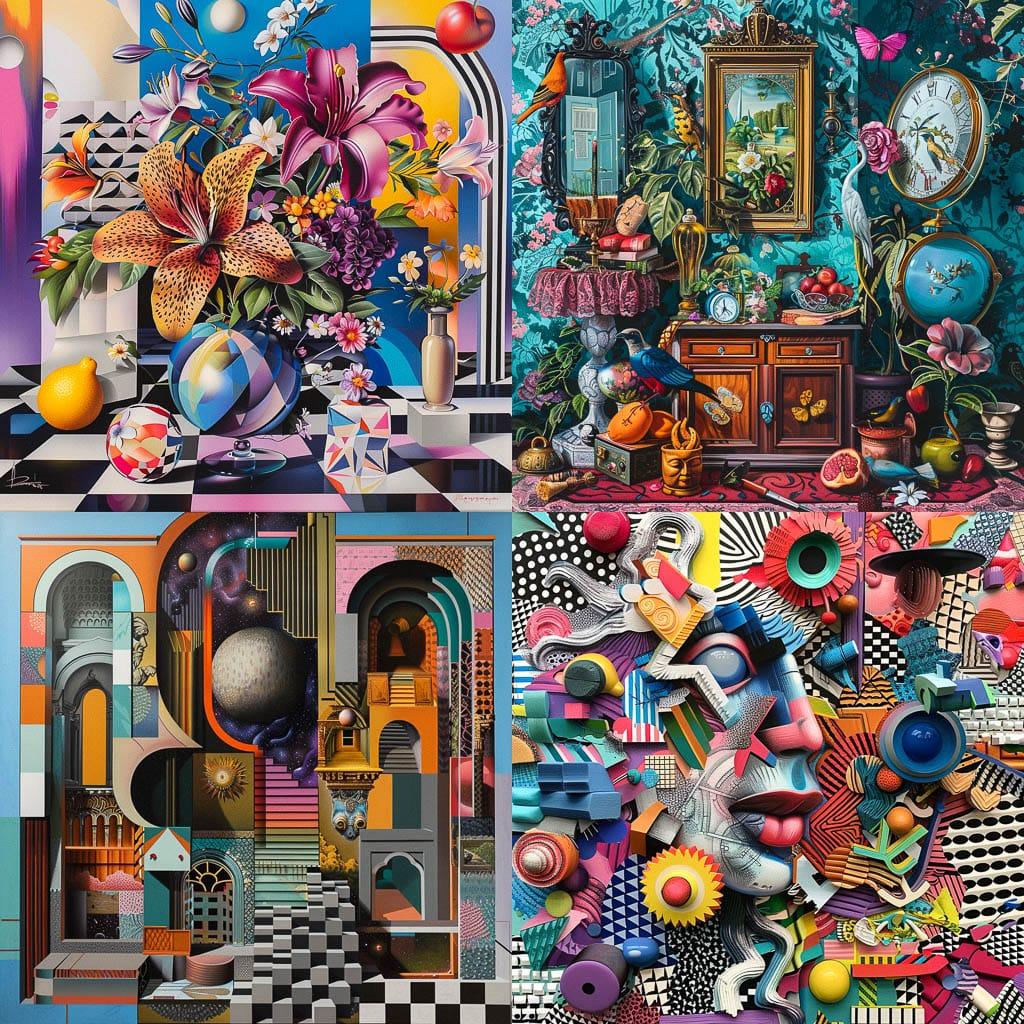 Maximalist composition style, Midjourney V6, render 1 of 4