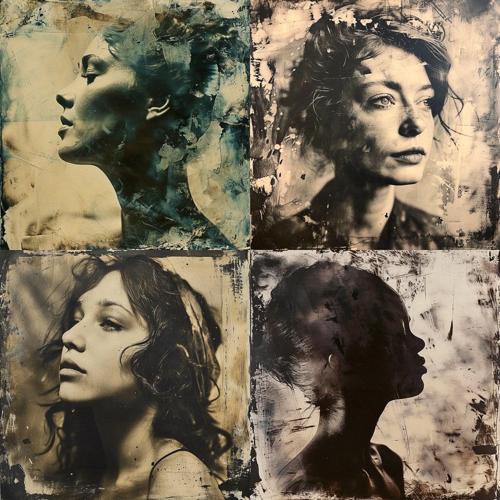 Melainotype print style, Midjourney V6, render 1 of 4