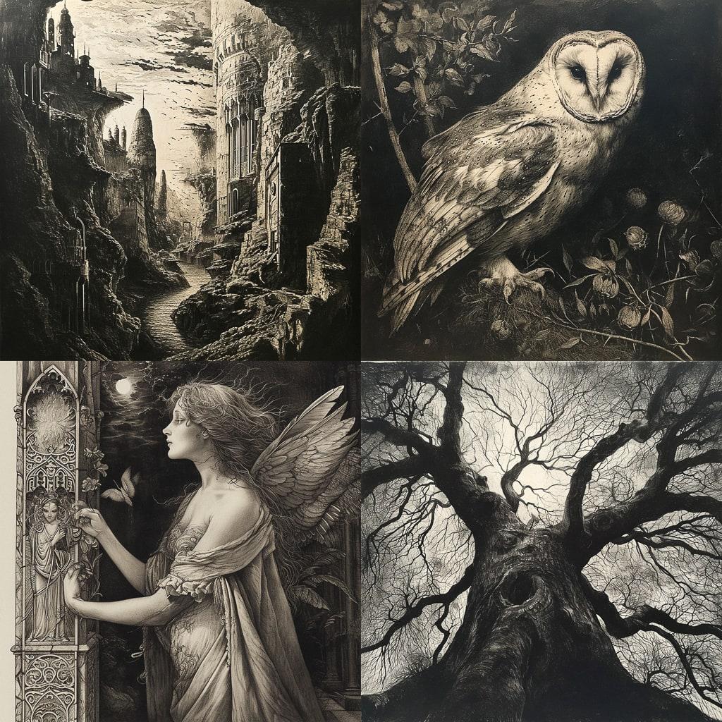 Mezzotint print style, Midjourney V6, render 1 of 4