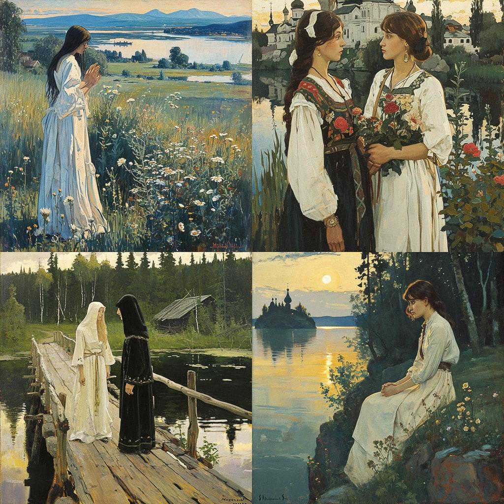 Mikhail Nesterov style, Midjourney V6, render 1 of 4