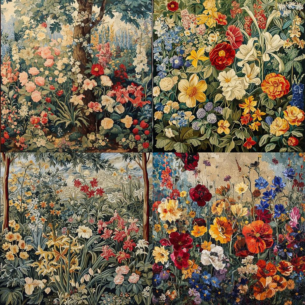 Millefleurs tapestry style, Midjourney V6, render 1 of 4