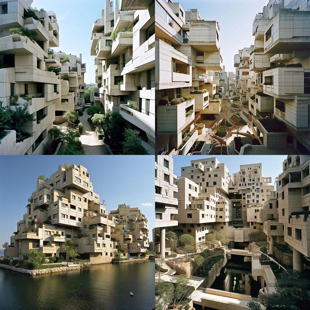 Moshe Safdie style, Midjourney V6, render 1 of 4