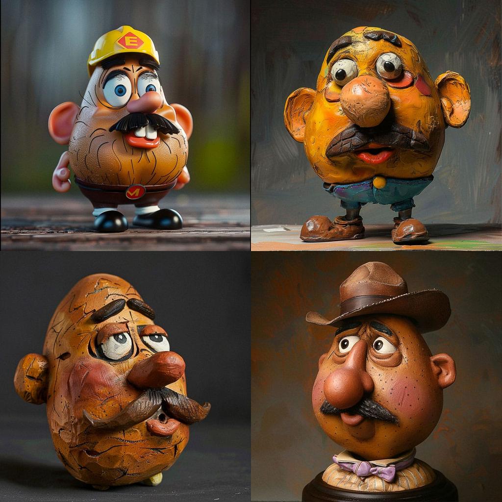 Mr. Potato Head style, Midjourney V6, render 1 of 4