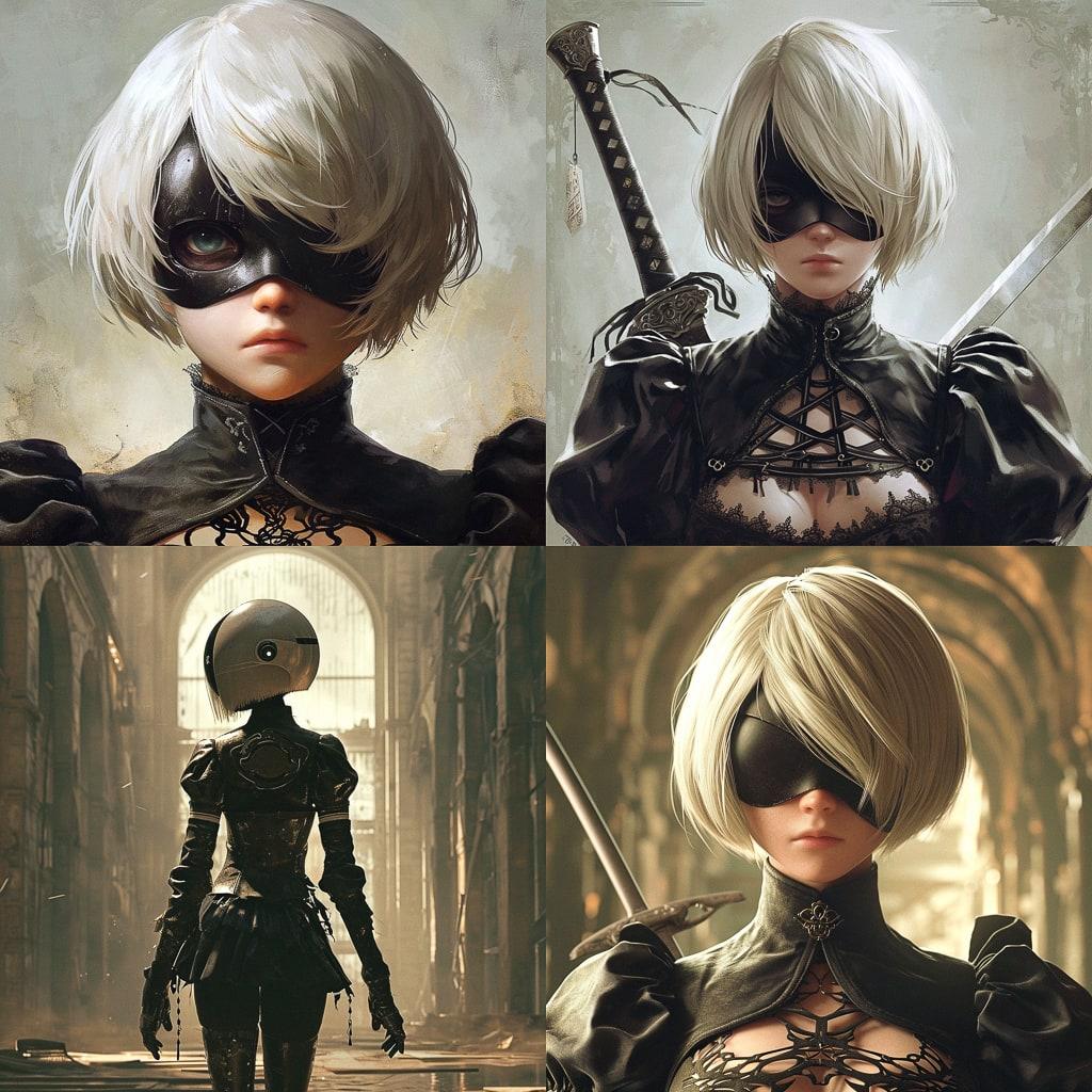 Nier Automata style, Midjourney V6, render 1 of 4