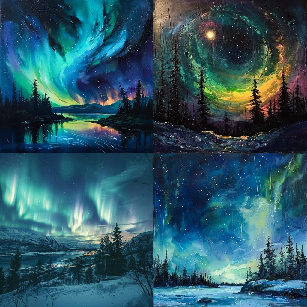 Northern lights style, Midjourney V6, render 1 of 4