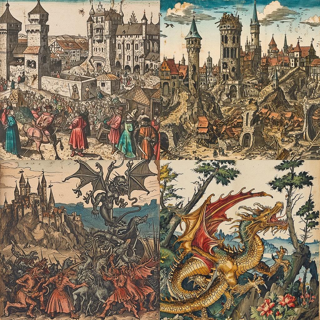 Nuremberg Chronicle style, Midjourney V6, render 1 of 4