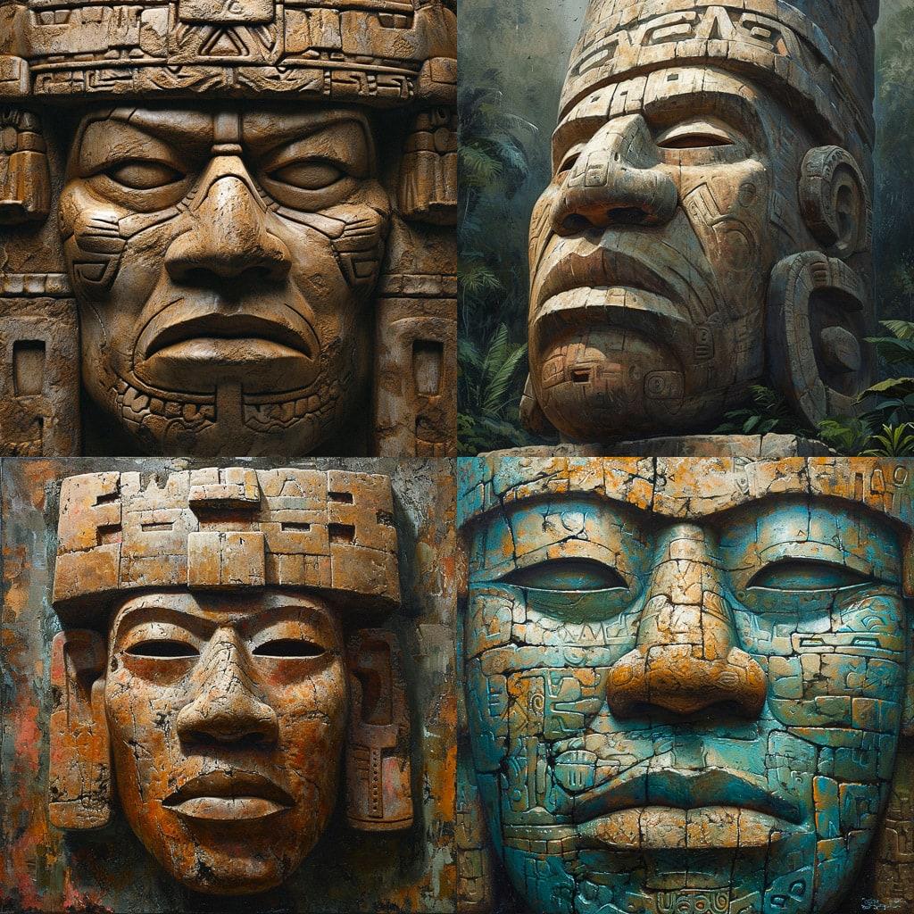 Olmec art style, Midjourney V6, render 1 of 4