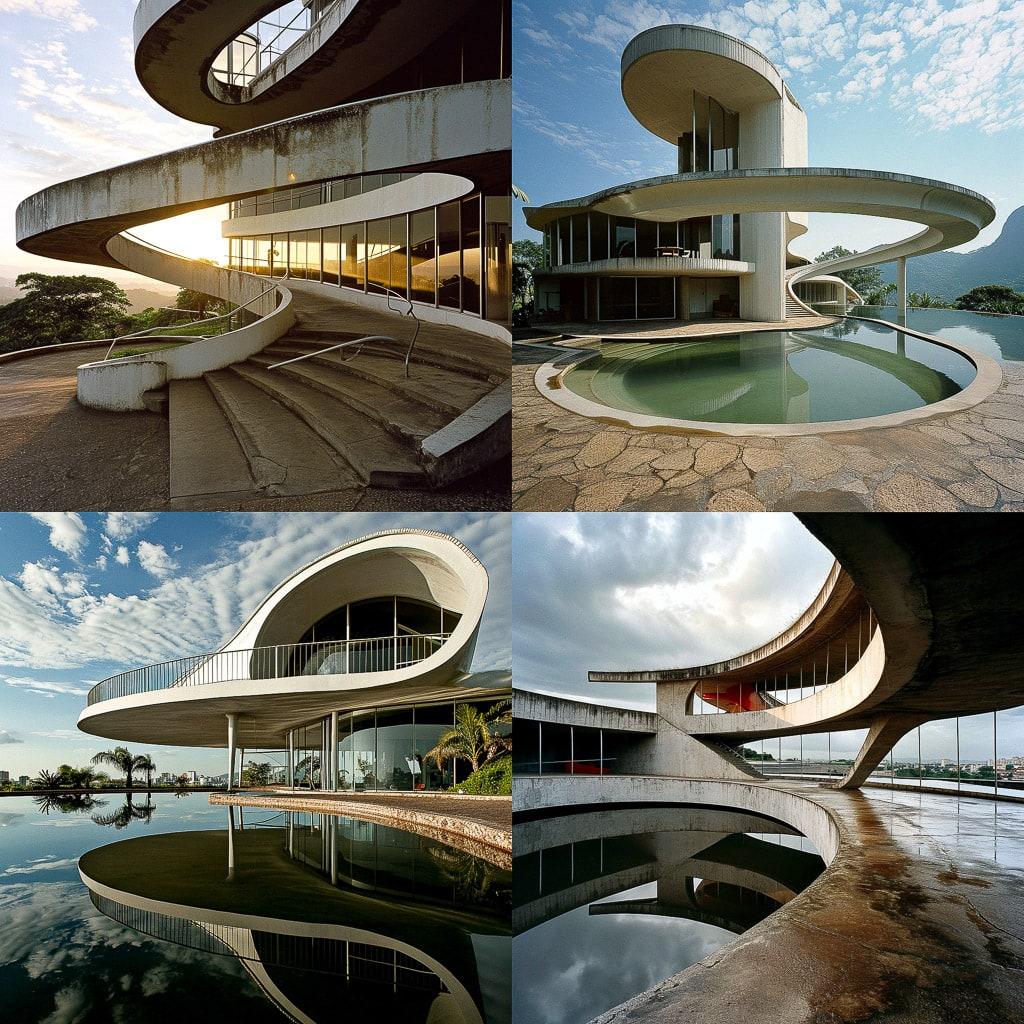 Oscar Niemeyer style, Midjourney V6, render 1 of 4