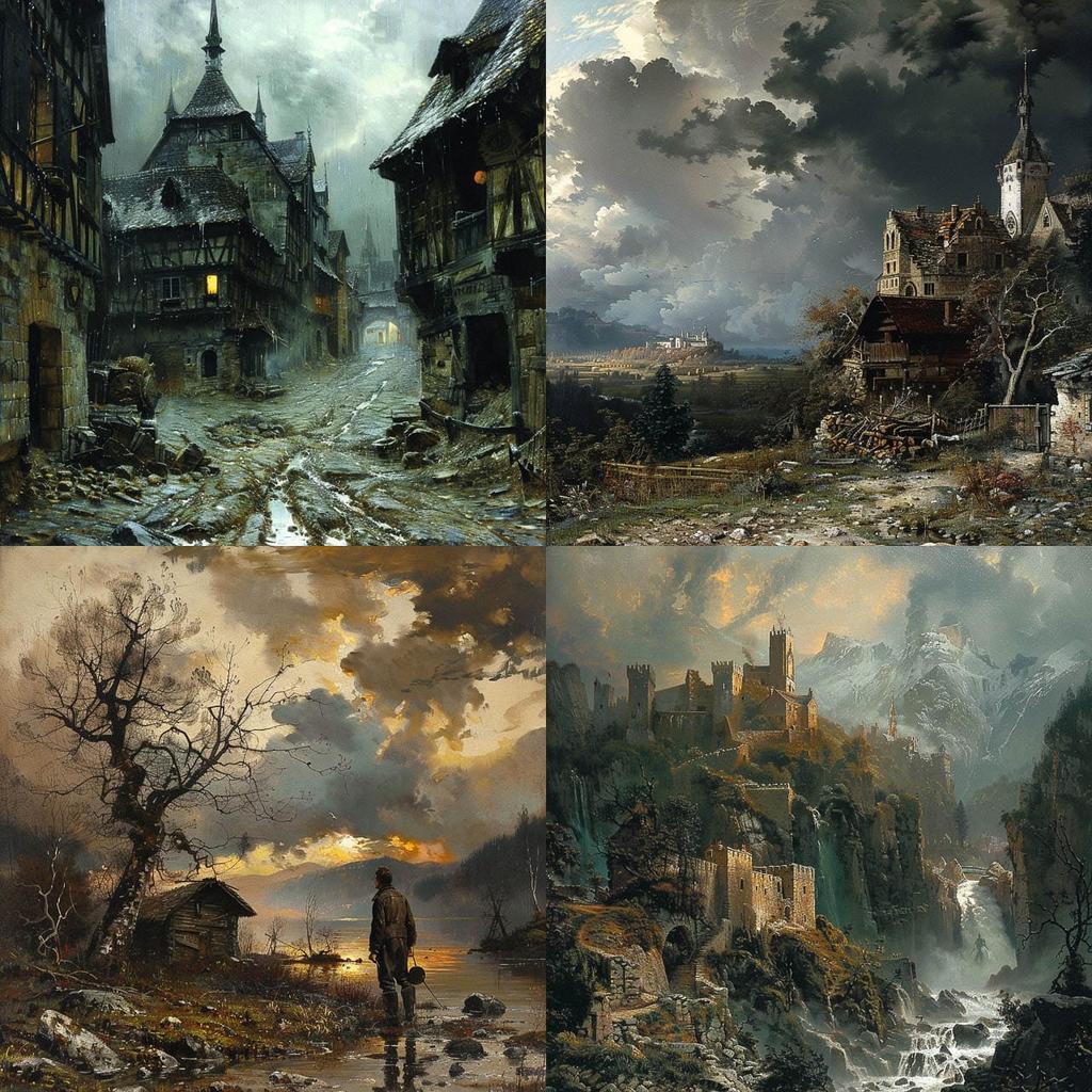 Oswald Achenbach style, Midjourney V6, render 1 of 4