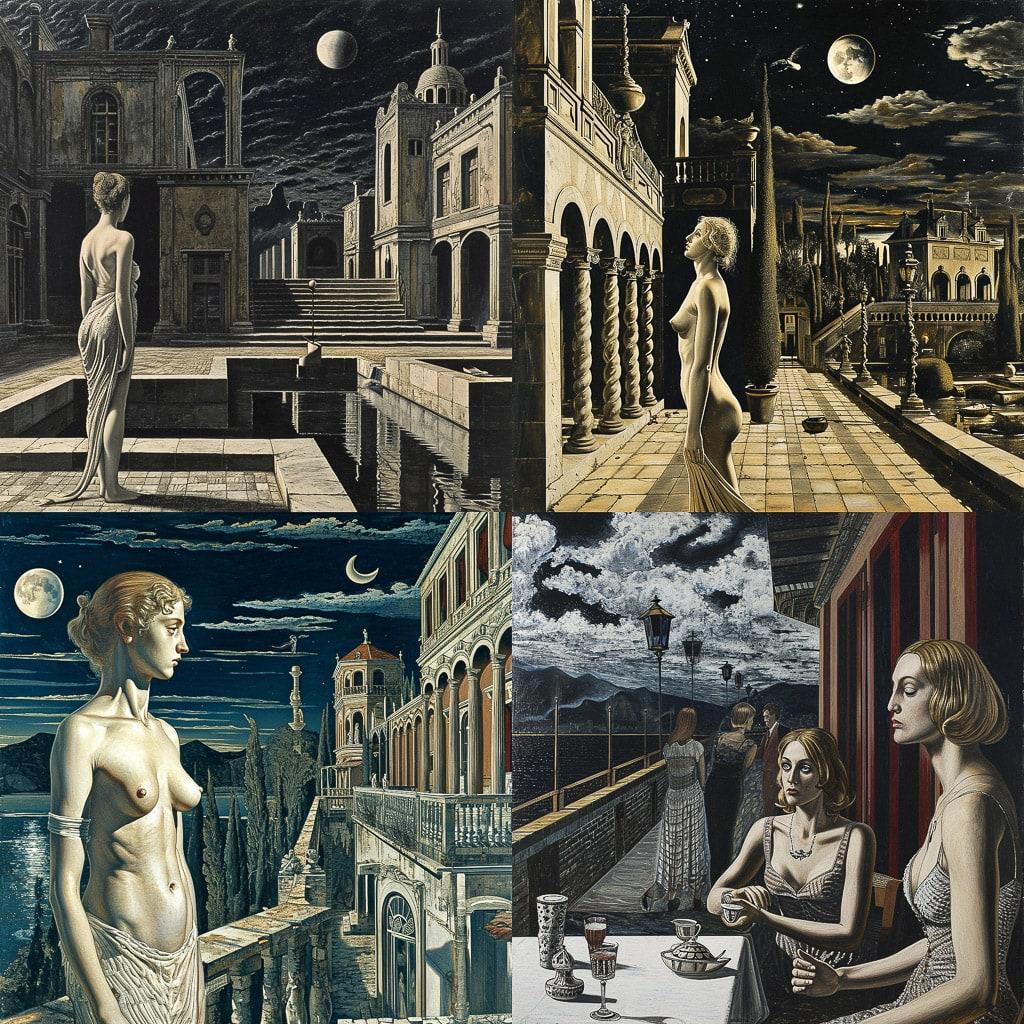 Paul Delvaux style, Midjourney V6, render 1 of 4