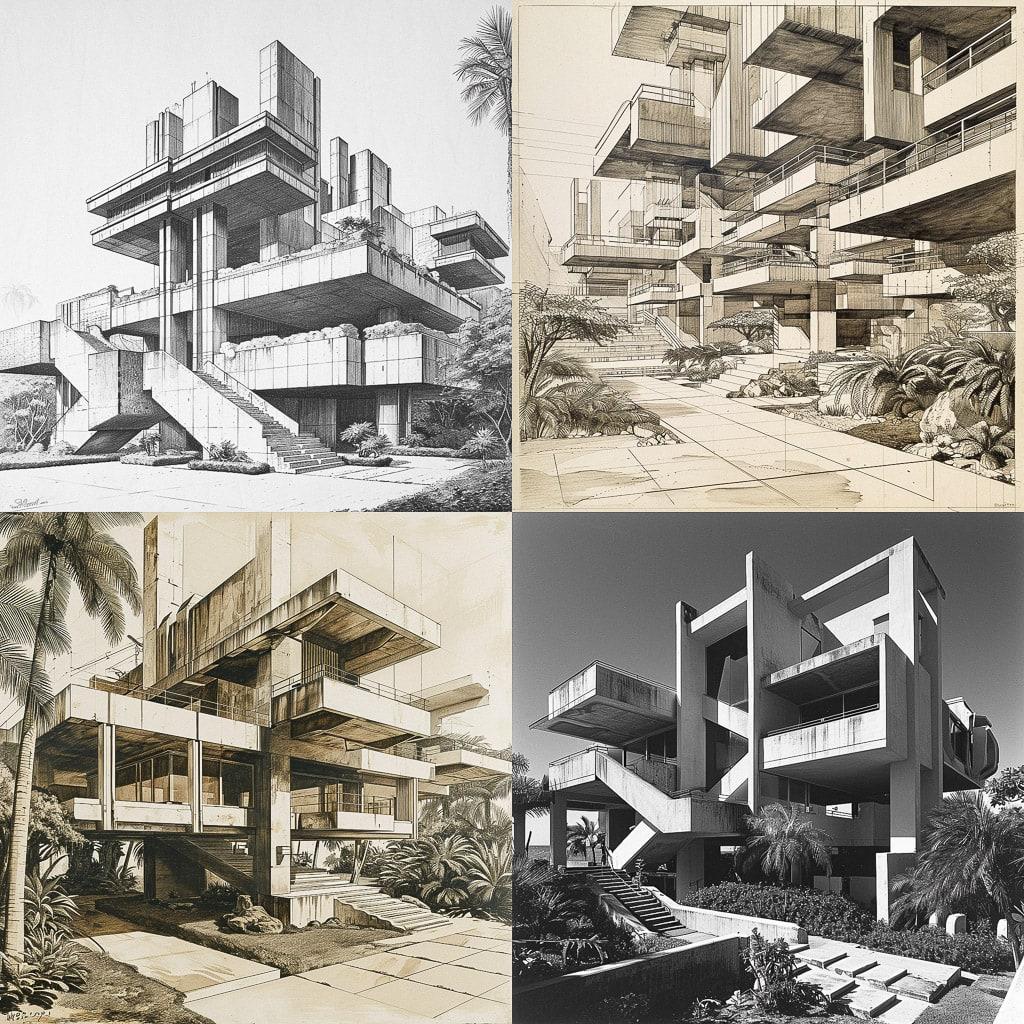 Paul Rudolph style, Midjourney V6, render 1 of 4