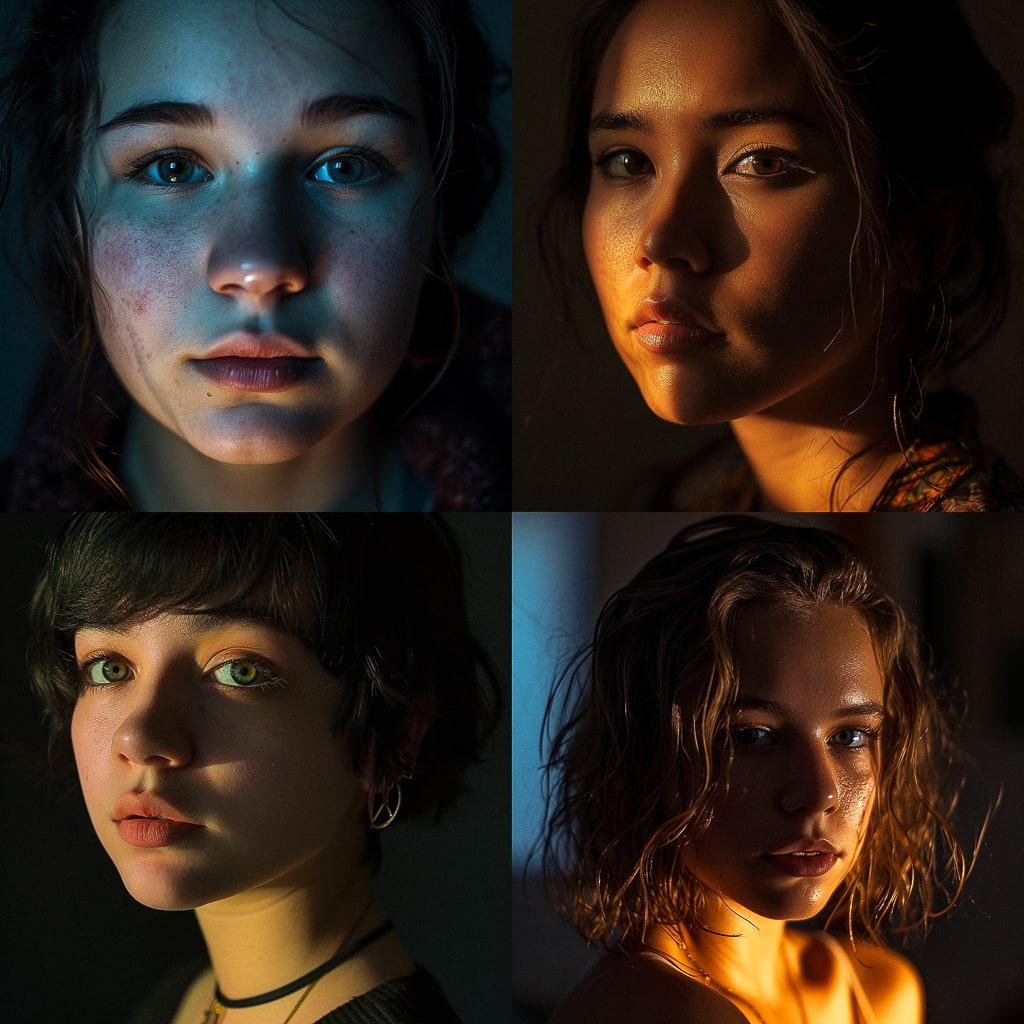 Portrait shot with bottom lighting style, Midjourney V6, render 1 of 4