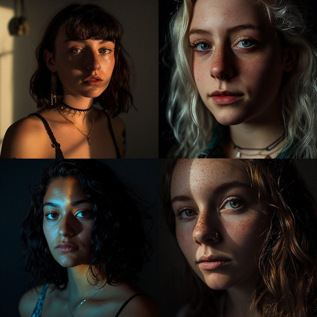 Portrait shot with contrasty lighting style, Midjourney V6, render 1 of 4