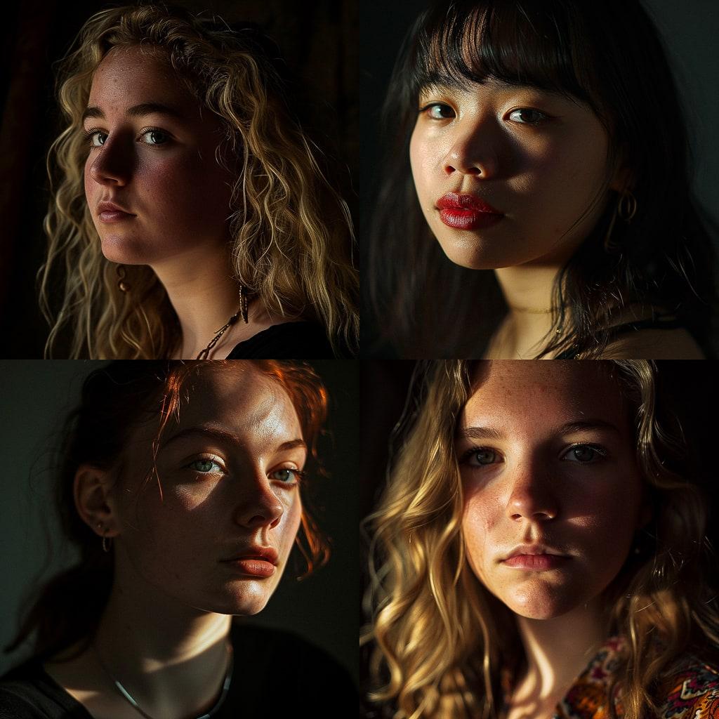 Portrait shot with hard lighting style, Midjourney V6, render 1 of 4