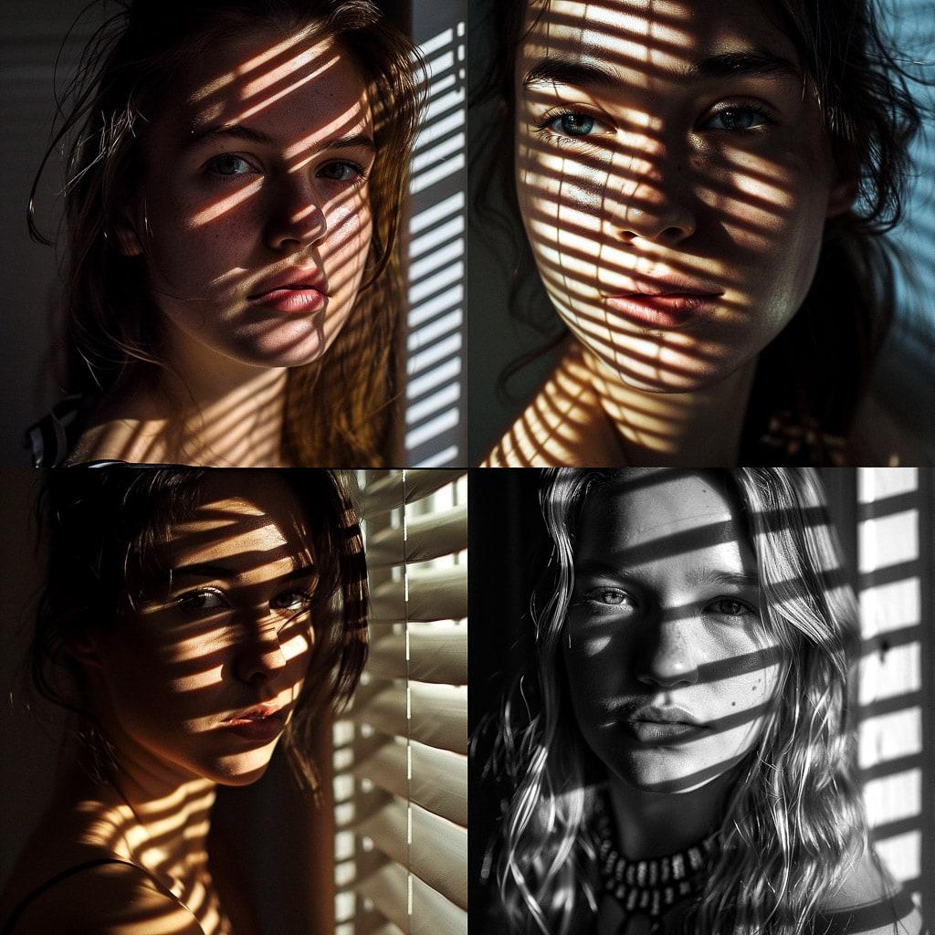 Portrait shot with light and shadow from window blinds style, Midjourney V6, render 1 of 4