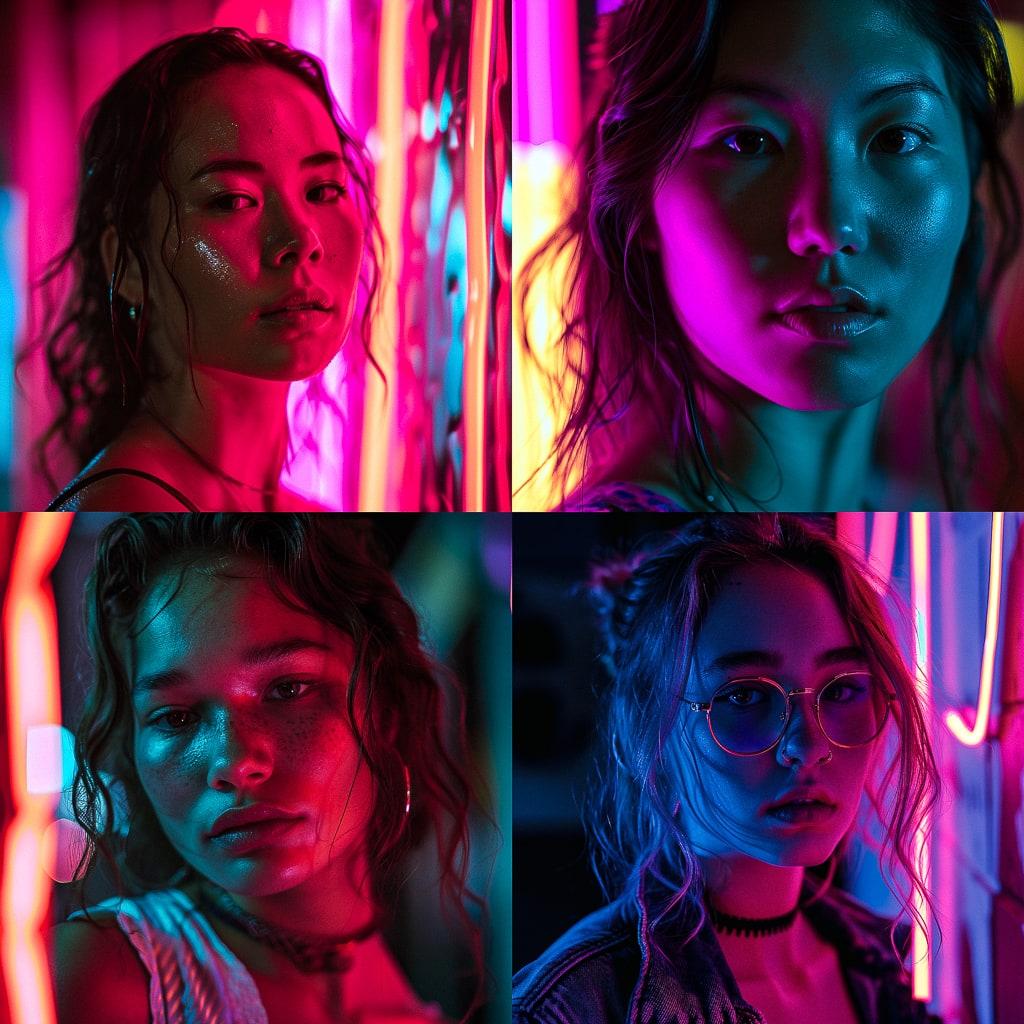 Portrait shot with neon lighting style, Midjourney V6, render 1 of 4