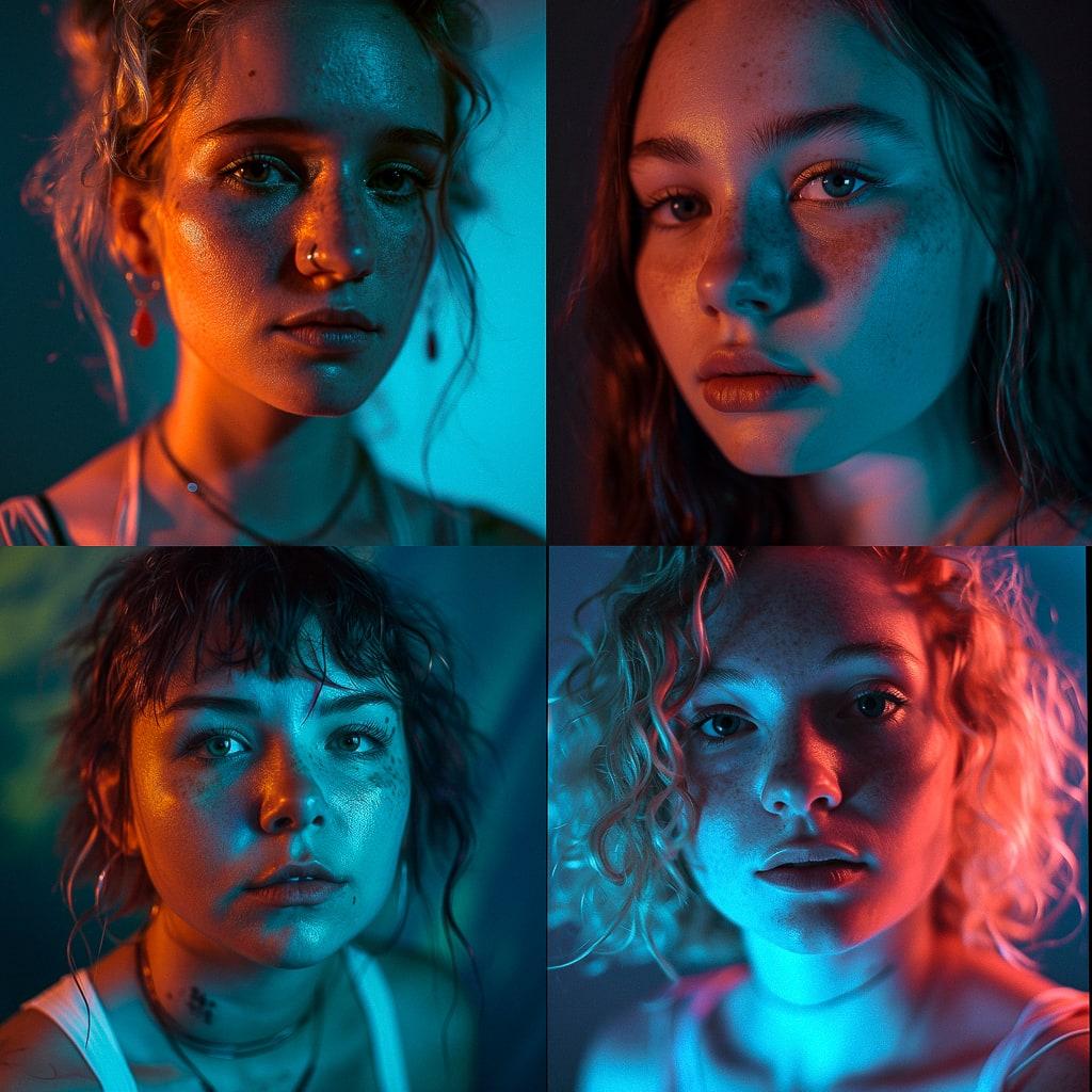 Portrait shot with peach and cyan lighting style, Midjourney V6, render 1 of 4