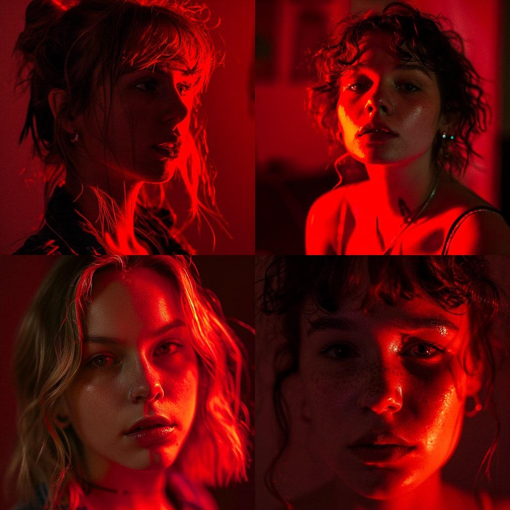 Portrait shot with red light style, Midjourney V6, render 1 of 4