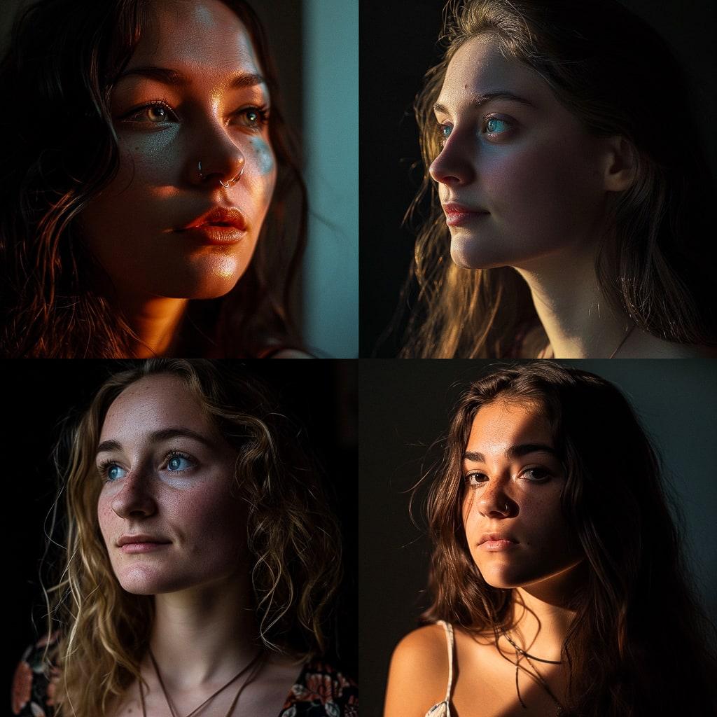 Portrait shot with side lighting style, Midjourney V6, render 1 of 4