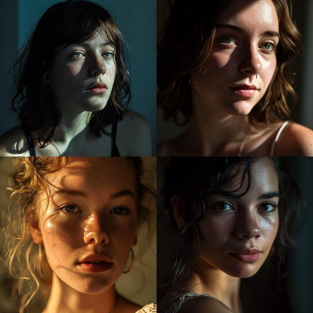 Portrait shot with soft lighting style, Midjourney V6, render 1 of 4