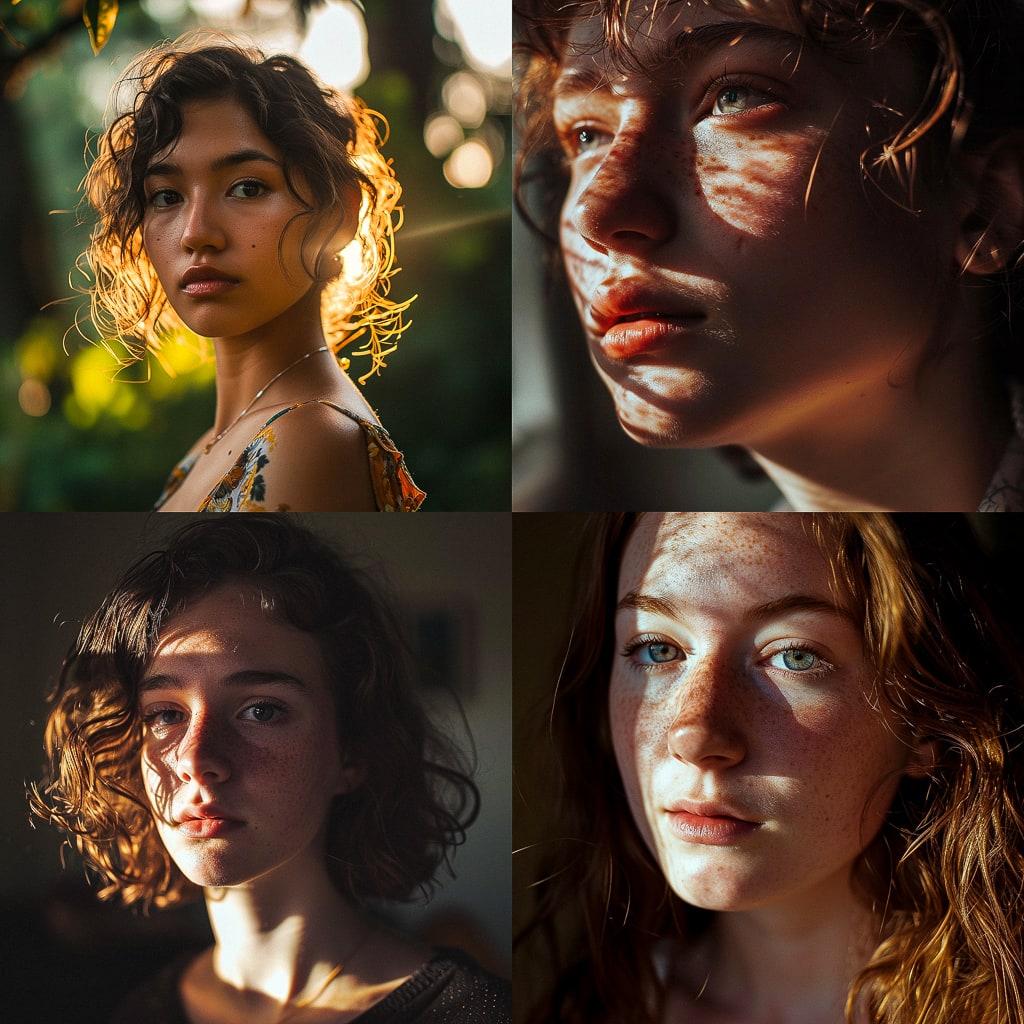 Portrait shot with sunlight style, Midjourney V6, render 1 of 4