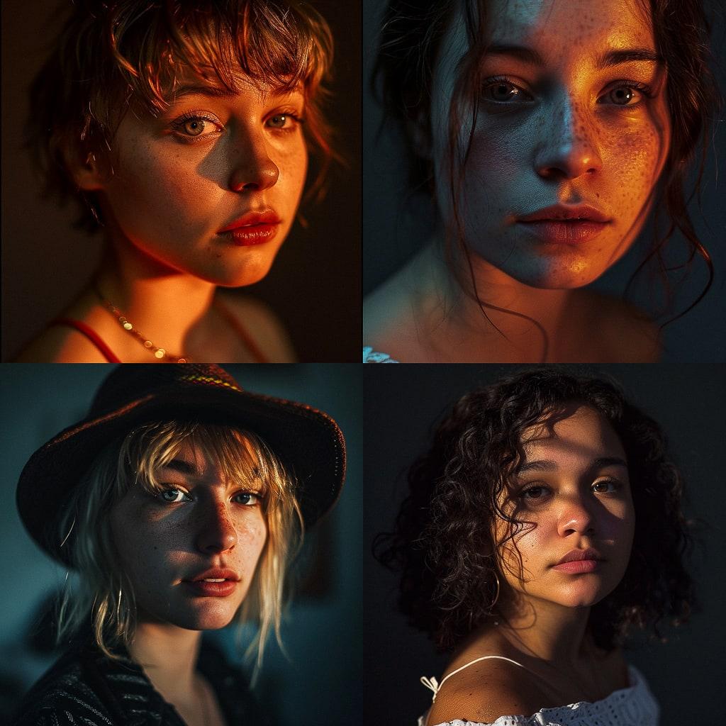 Portrait shot with top lighting style, Midjourney V6, render 1 of 4