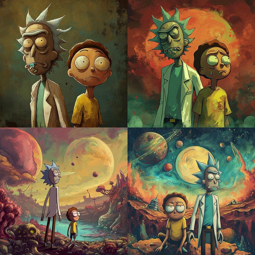Rick and Morty style, Midjourney V6, render 1 of 4
