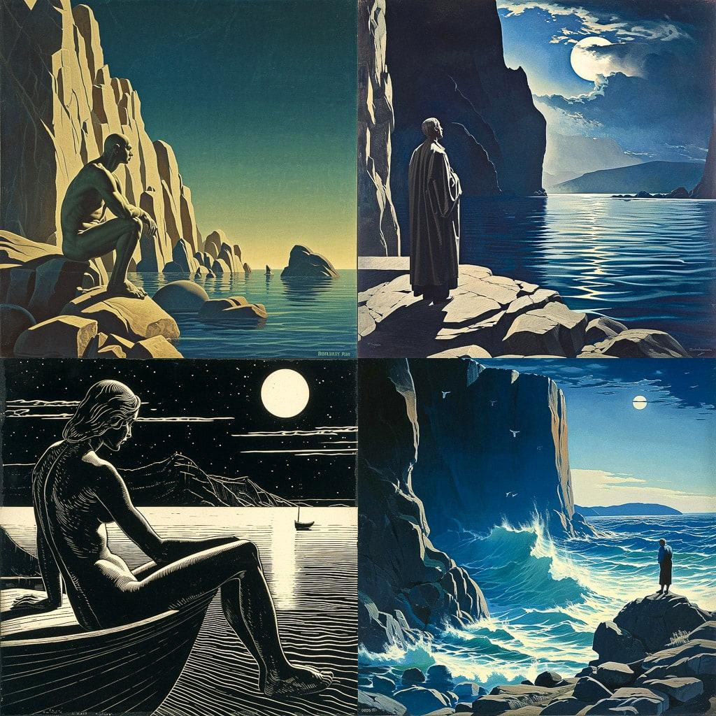 Rockwell Kent style, Midjourney V6, render 1 of 4