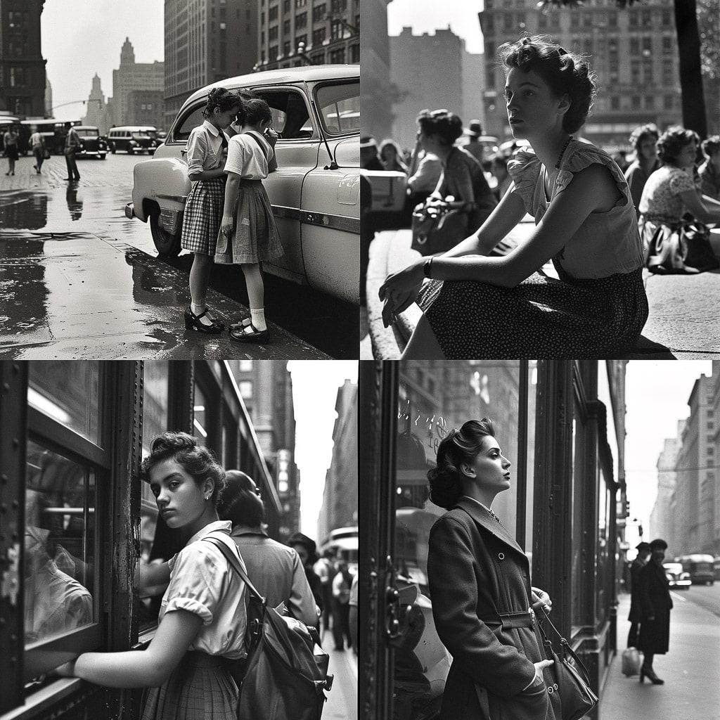 Ruth Orkin style, Midjourney V6, render 1 of 4