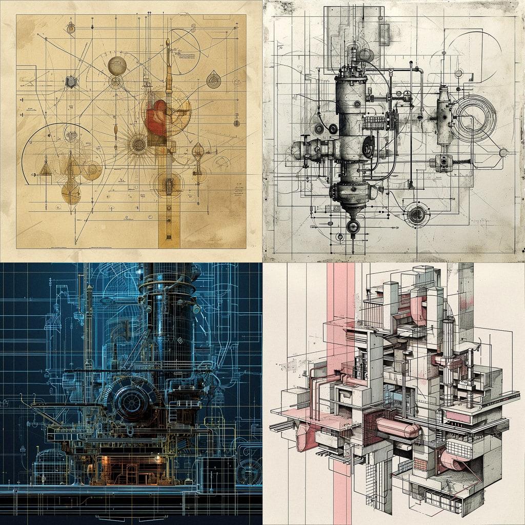 Schematic diagram style, Midjourney V6, render 1 of 4