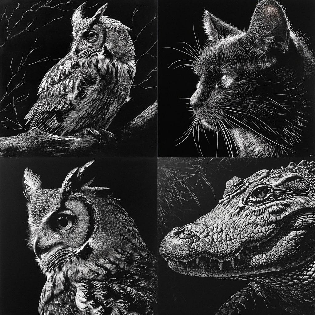 Scratchboard art style, Midjourney V6, render 1 of 4
