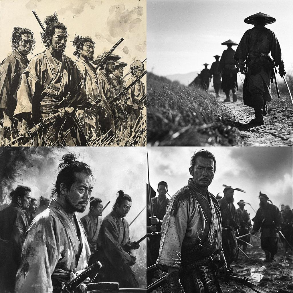 Seven Samurai style, Midjourney V6, render 1 of 4
