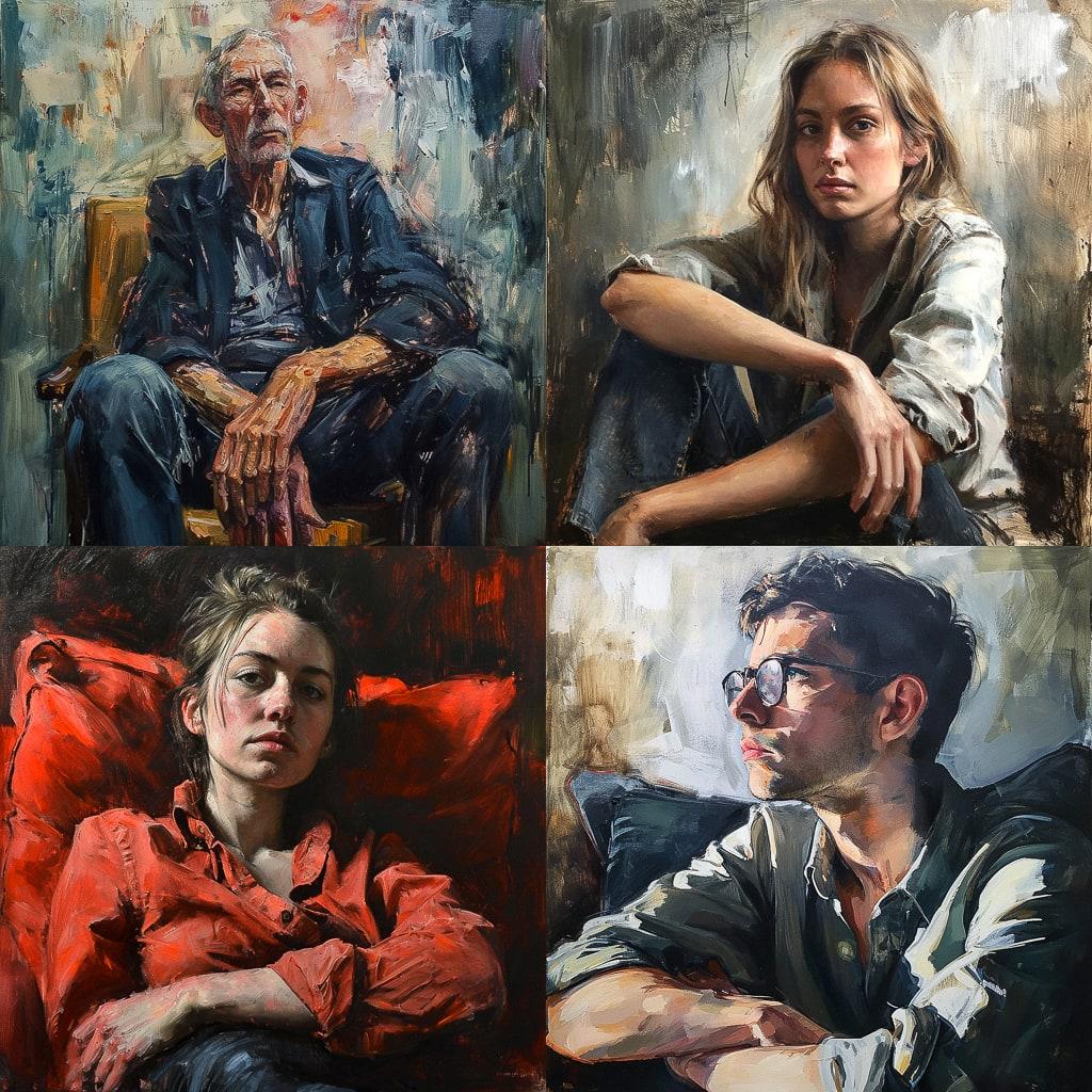 Sitting portrait style, Midjourney V6, render 1 of 4