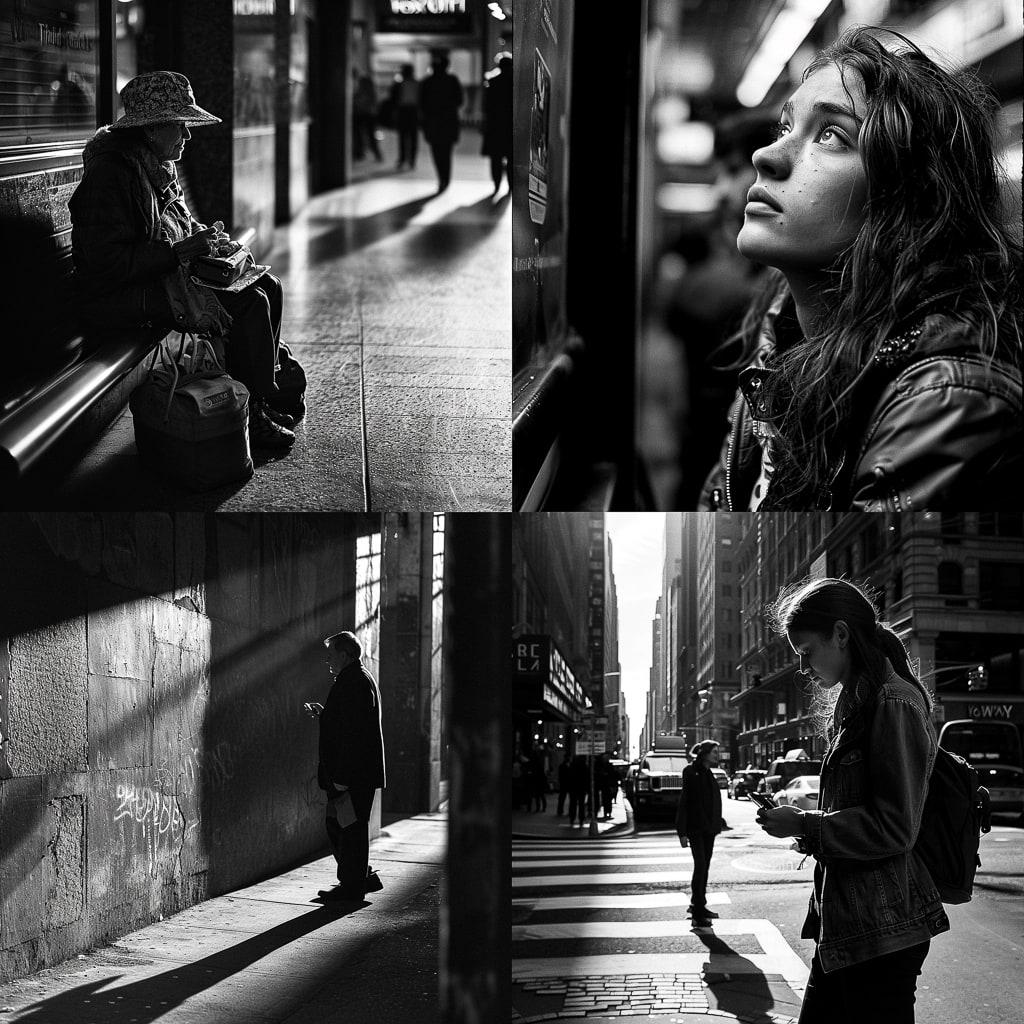 Street photography style, Midjourney V6, render 1 of 4