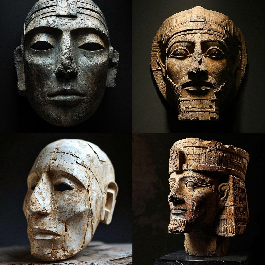 Sumerian death mask style, Midjourney V6, render 1 of 4