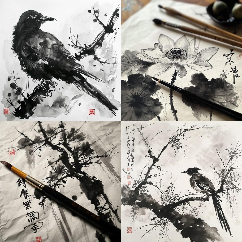 Sumi-e drawing style, Midjourney V6, render 1 of 4