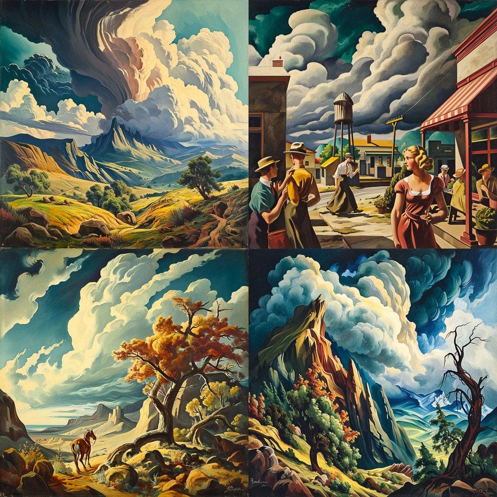 Thomas Hart Benton style, Midjourney V6, render 1 of 4