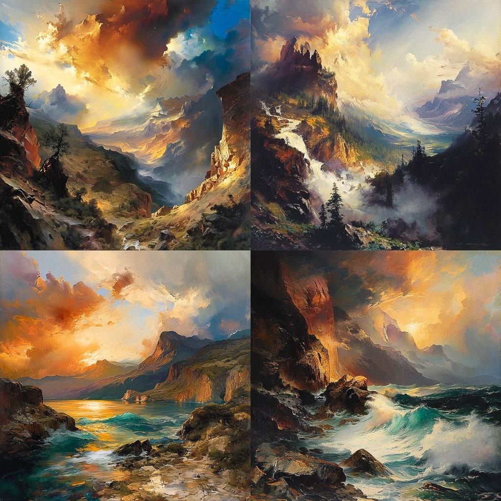 Thomas Moran style, Midjourney V6, render 1 of 4