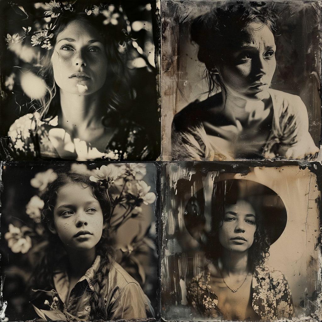 Tintype print style, Midjourney V6, render 1 of 4